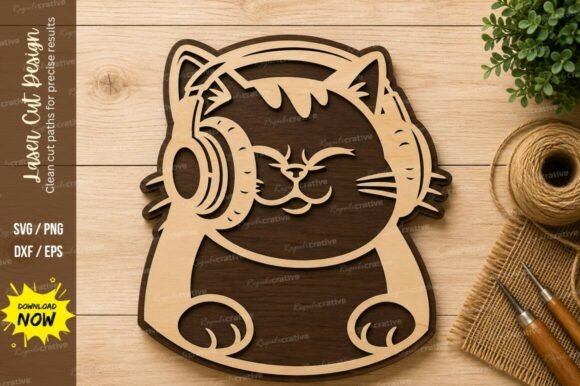 Cute Cat Headphones Laser Cut SVG Design: Perfect for Crafters