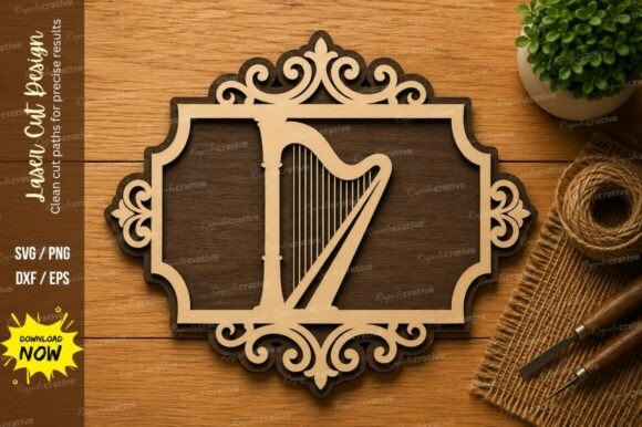 Decorative Harp Frame SVG: Elegant Laser Cutting Design
