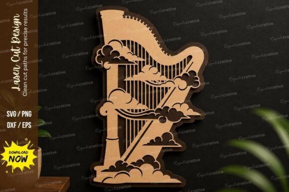 Enchanting Fantasy Harp Scene Laser Cut SVG Design