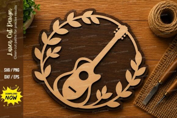 Guitar Laurel Wreath SVG: Elegant Music Laser Design